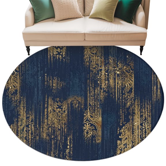 Navy Blue Yellow Round Rug 5ft Washable Circle Kitchen Rugs Non Slip Abstract Art Modern Striped Rustic Large Area Rug Indoor Floor Carpet for Bedroom Living Room Home Office Dining Room Nursery