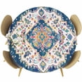 thumbnail image 1 of Navy Blue Yellow Round Tablecloth 45-54 Inch Round Fitted Table Cloth with Elastic Edge, Boho Southwestern Ethnic Mexican Flowers Waterproof Table Cover Protector for Outdoor Picnic Party Dining, 1 of 6