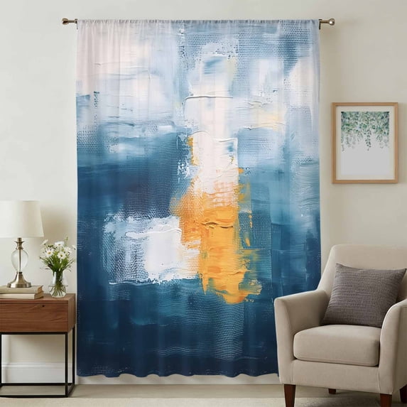 Navy Blue Yellow Sheer Curtains 54 Inches Long, Modern Oil Painting Art Abstract Light Filering Curtains, Breathable Simi Curtain Privacy Drapes for Kitchen Bathroom Nursery Small Window Treatment