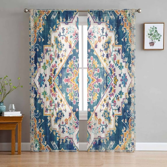 Navy Blue Yellow Sheer Curtains 72 Inches Long 2 Panels Set, Window Sheer Curtains for Living Room/Bedroom, Boho Southwestern Ethnic Mexican Flowers Light Filtering Rod Pocket Curtain 52'' x 72'' x 2