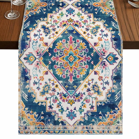 Navy Blue Yellow Short Table Runner 36 Inches Long,Boho Southwestern Ethnic Mexican Flowers Cotton Linen Table Runners Dresser Scarves,Tabletop Scarf Furniture Cover for Home Dinner Party 13"x36"