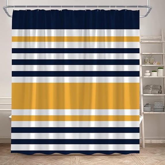Navy Blue Yellow Shower Curtain Abstract Geometric Stripes Modern Simple Geometry Mid-Century Fashion Bathroom Accessories 72"W x 96"L