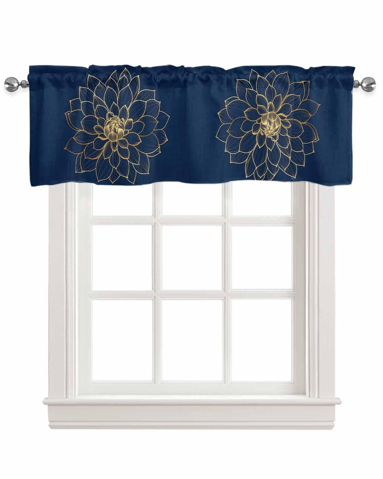 Navy Blue Yellow Spring Floral Kitchen Valances for Windows Farmhouse Linen Window Valance Curtain for Living Room Window Treatment Chic Blossoms Botanical Valance Rod Pocket Topper, 42 x 18 Inch