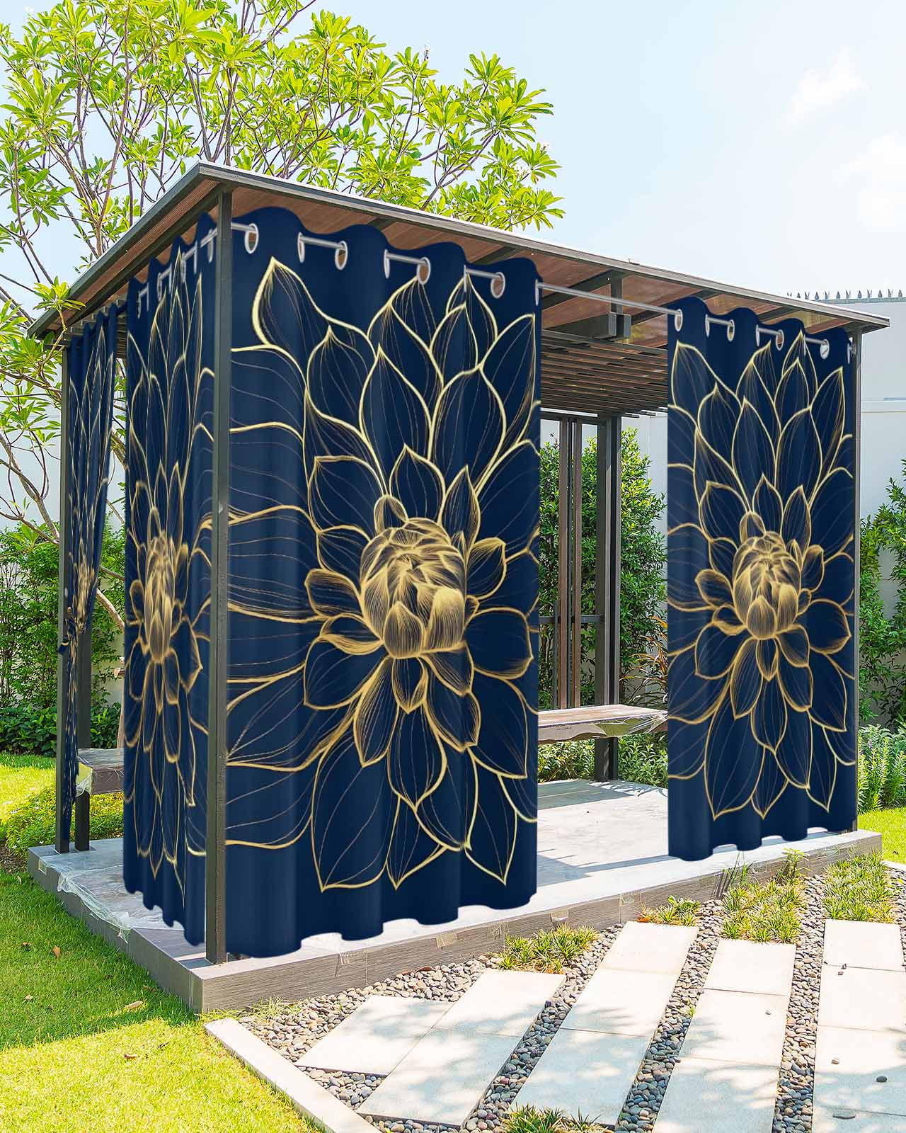 Navy Blue Yellow Spring Floral Outdoor Curtains for Patio, Chic Blossoms Botanical Privacy Drapes Grommet Waterproof Outside Curtains for Porch/Cabana/Balcony 54"x 108", 1 Panel