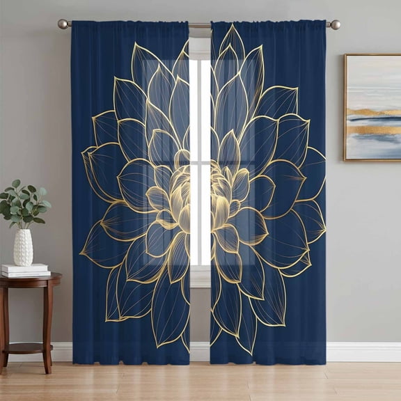 Navy Blue Yellow Spring Floral Sheer Curtains 63 Inch Length 2 Panels Set, Chic Blossoms Botanical Voile Window Treatment Rod Pocket Curtains Sheers Drapes for Bedroom/Living Room/Kitchen 52x"63"x2
