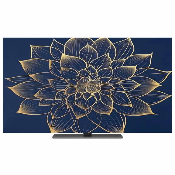 Navy Blue Yellow Spring Floral TV Dust Cover,Stretchable TV Screen Desktop Computer Protector Cover,Abstract Blossoms Botanical Television Dustproof Slipcover for 28–32 Inch Flat or Curved TVs