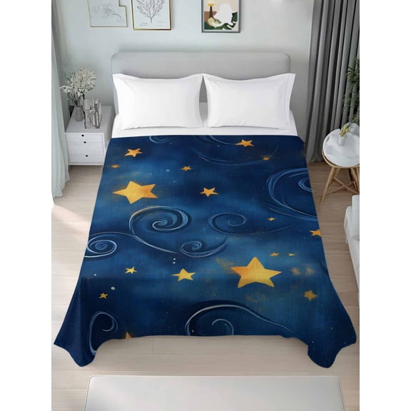Navy Blue Yellow Star California King Size Flat Sheet, Wrinkleproof & Fadeproof Cooling Flat Bed Sheet Only, Starry Sky Vintage Breathable Soft Bedding Top Sheets 108 x 98 Inches