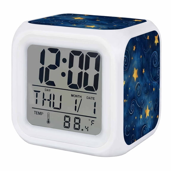 Navy Blue Yellow Star Digital Alarm Clock for Bedrooms, Smart LED Alarm Clock with 7 Color Changing Night Light, Starry Sky Vintage Silent Wake Up Clocks for Sleep Study Cooking 3.2"x3.2"