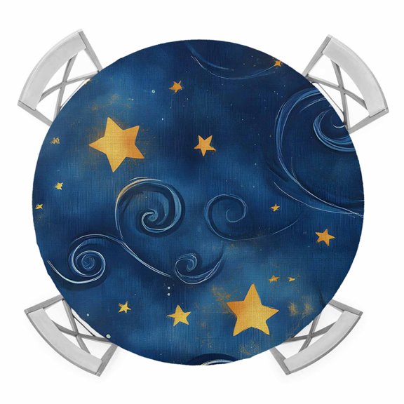 Navy Blue Yellow Star Retro Round Tablecloth for 36-44 Inch Tables, Fitted Table Cover with Elastic Edge, Starry Sky Vintage Waterproof Outdoor Table Cloth Protector for Patio Garden Dinner Picnic