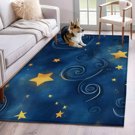 Navy Blue Yellow Star Runner Rug 2.7x5 FT, Non Slip Entryway Carpet, Starry Sky Vintage Washable Soft Floor Carpet Entrance Mat Non-Shedding Throw Rug for Hallway Laundry Room Bedside