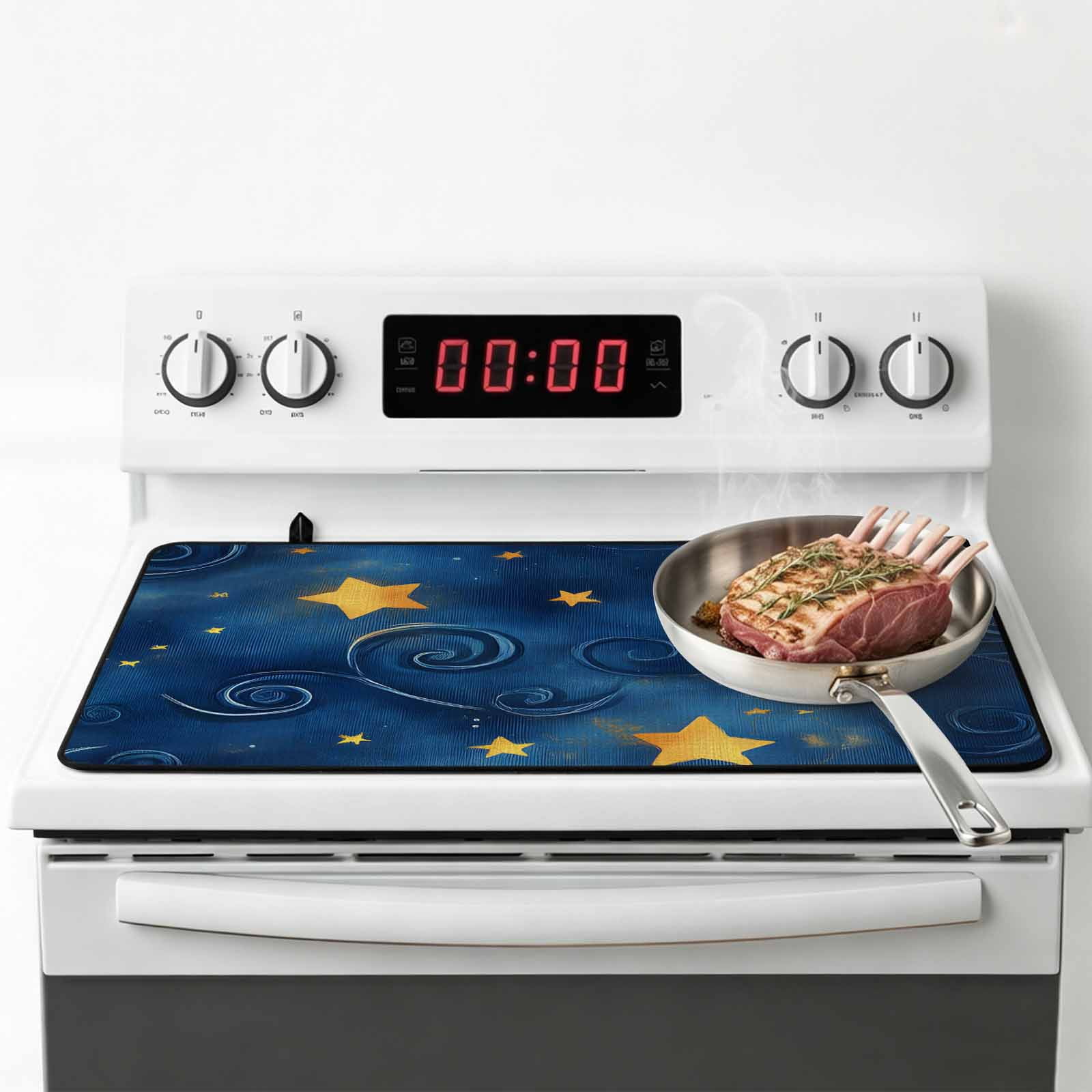 Navy Blue Yellow Star Stove Top Cover for Electric Stove, Heat-proof & Non Slip Glass Top Stove Cover Protector, Starry Sky Vintage Kitchen Flat Cooktop Rubber Mat 31x24 Inches