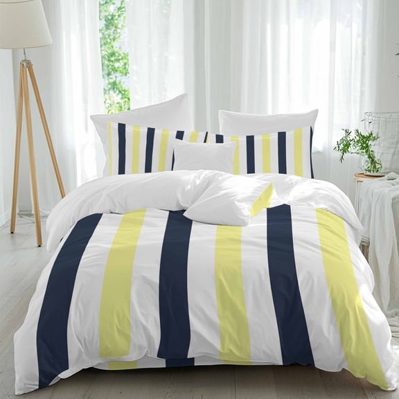 Navy Blue Yellow Striped Duvet Cover Set Full Size, Modern 4 Piece Soft Microfiber Bedding Set with 1 Duvet Cover, 1 Flat Sheet, 2 Pillowcases