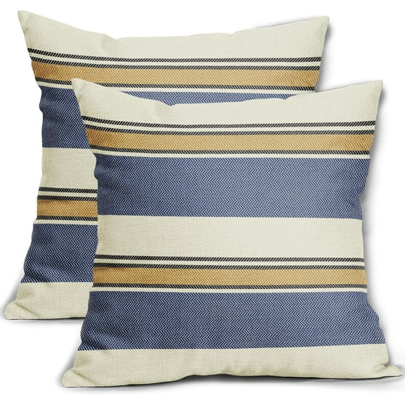 Navy Blue Yellow Striped Pillow Covers 18x18 Set of 2 Modern Boho Stripe Pattern Cream Print Decorative Outdoor Pillowcases Farmhouse Throw Cushion Case Decor for Home Couch Sofa Bed