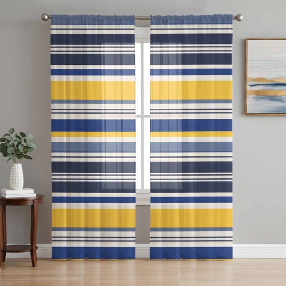 Navy Blue Yellow Striped Semi Sheer Curtains 108 Inch Length 2 Panels Set, Farmhouse Vintage Stripe Sheer Kitchen Curtain Privacy Voile Window Curtain for Living Room Bedroom Rod Pocket Drapes