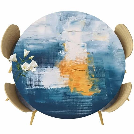 Navy Blue Yellow Table Cloth, Round Fitted Tablecloths with Elastic Edge, Modern Oil Painting Art Abstract Wipeable Waterproof Table Cover for Kitchen Wedding 36-44 Inches