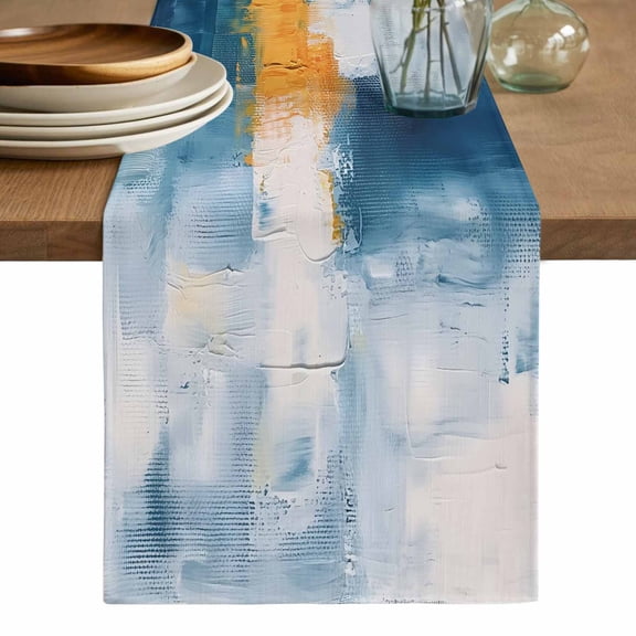 Navy Blue Yellow Table Runner, Modern Oil Painting Art Abstract Washable Cotton Linen Table Runners 36 Inches Long, Dresser Scarf Runner for Nightstand/End Tables/Round Tables 13''x36''