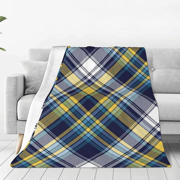 Navy Blue Yellow White Plaid Throw Blanket For Couch, Ultra Soft Micro Fleece Blanket Light Weight Anti Pilling Flannel Blanket 40" x 50"