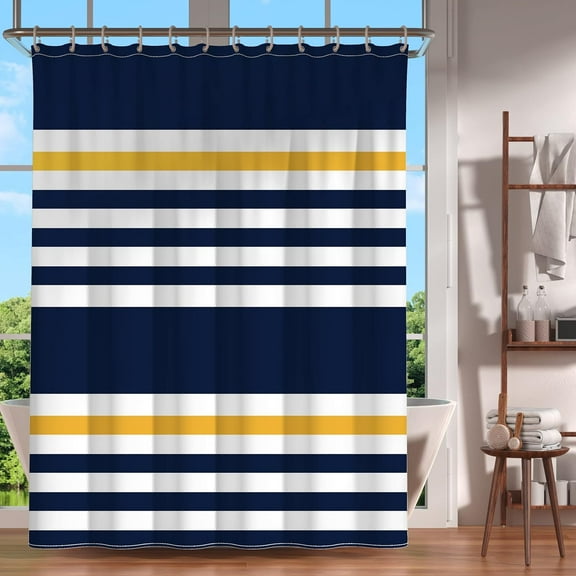 Navy Blue Yellow and White Stripes Pattern Shower Curtain Water Repellent Fabric Shower Curtains for Bathroom 72x72 inches Modern Shower Curtain Set with 12 Hooks