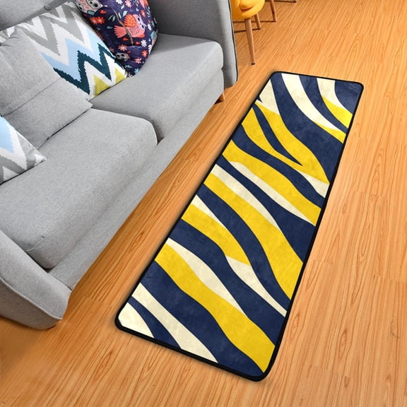 Navy Blue Yellow Zabra Skin Print Long Floor Mat Runner Rug Area Mat Noise Reduction Water Absorbent Non-Slip 72" x 24"