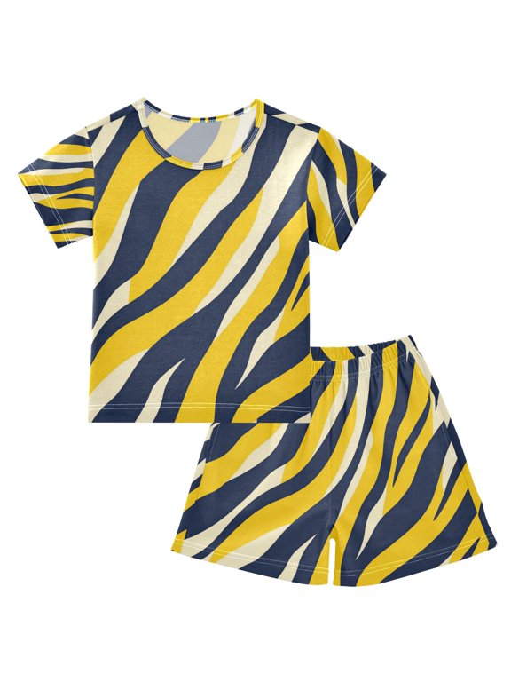 Navy Blue Yellow Zabra Skin Print Pajamas Set Short Sleeves Sleepwear Top with Shorts Loose Fit Lounge Wear Unisex 5Y