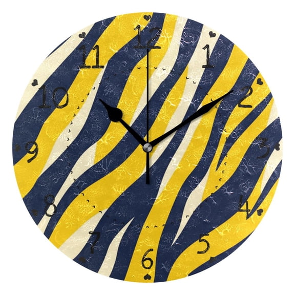 Navy Blue Yellow Zabra Skin Print Round Wall Clock Silent Analog Battery Operated Black Pointer Home Decor 9.84" Diameter