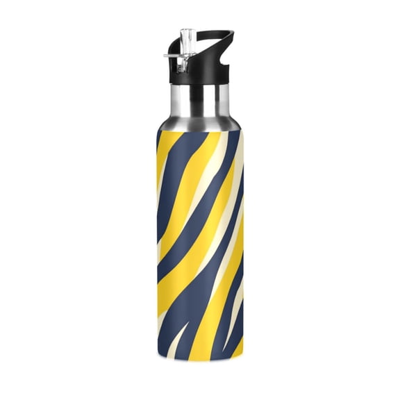 Navy Blue Yellow Zabra Skin Print Sports Bottle with Straw Stainless Steel Water Jug Portable Thermal Cup Leak-proof 1000ML