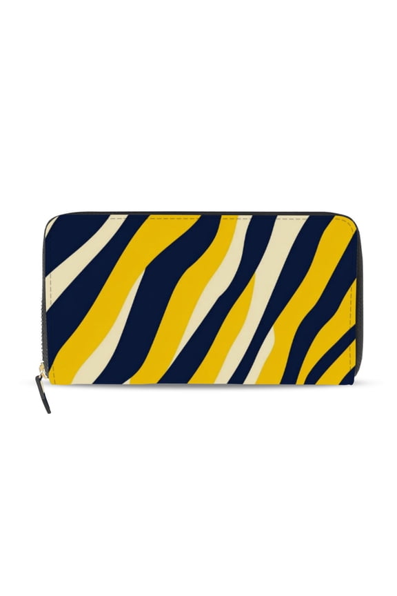 Navy Blue Yellow Zabra Skin Print Women's Long Zipper Wallet Bifold Clutch Purse PU Leather Card Cases