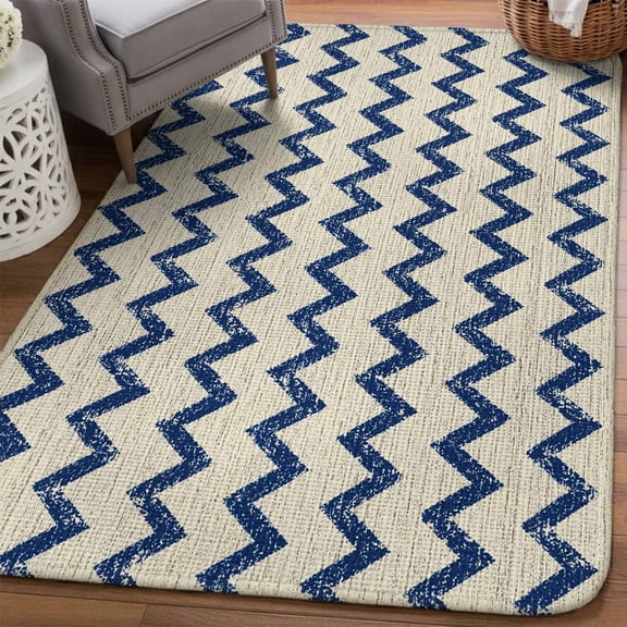 Navy Blue Zigzag Line Area Rugs for Living Room 5x6, Chevron Stripe Tribal Pattern Shabby Chic Farm Washable Area Rug Non Slip, Stain Resist Linen Carpet for Bedroom, Dining Room, Entryway, Entrance