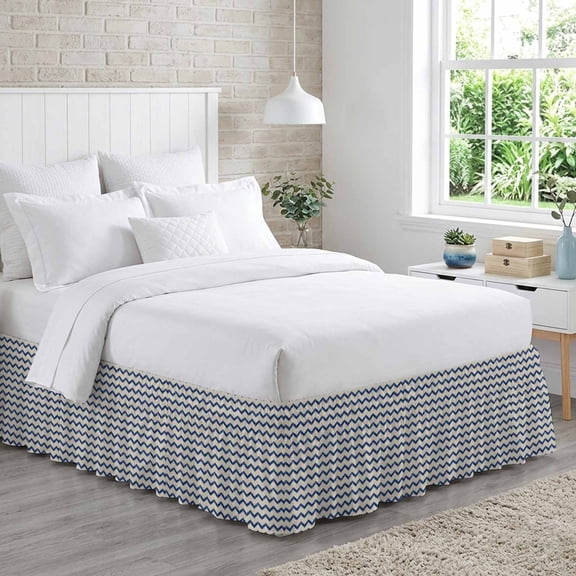 Navy Blue Zigzag Line Bed Skirt California King Size 16 Inch Drop, Chevron Stripe Tribal Pattern Shabby Chic Farm Adjustable Elastic Dust Ruffles Bedskirt Wrap Around Pleated Mattress Frame Cover