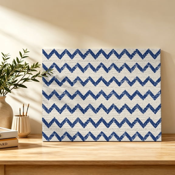 Navy Blue Zigzag Line Canvas Wall Art, Chevron Stripe Tribal Pattern Shabby Chic Farm Wall Art Prints Artwork Framed Canvas Ready to Hang Art Pictures for Bathroom Bedroom Entry Desk Corner 10" x 8"