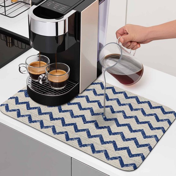 Navy Blue Zigzag Line Dish Drying Mats for Kitchen Counter, Chevron Stripe Tribal Pattern Shabby Chic Farm Absorbent Coffee Bar Mat with Non-slip Rubber Backed Quick Drying Dish Rack Pad 12"x16"