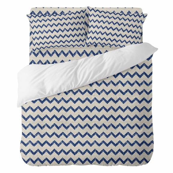 Navy Blue Zigzag Line Full Duvet Cover Set, Chevron Stripe Tribal Pattern Shabby Chic Farm 4 Piece Microfiber Bedding Set with Zipper Closure, Bed Sheet and 2 Pillow Shams, Soft Bedding Cover