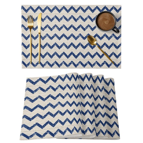 Navy Blue Zigzag Line Placemats Set of 8, Chevron Stripe Tribal Pattern Shabby Chic Farm Non-Slip Place Mats Washable Table Mats for Kitchen Dining Table Decorations Indoor/Outdoor