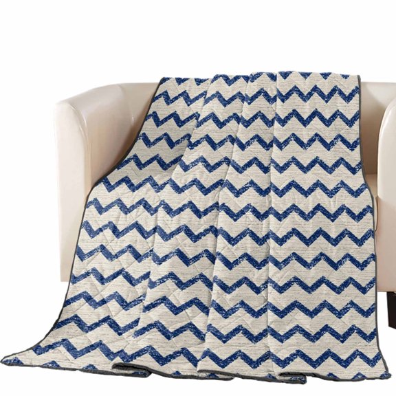 Navy Blue Zigzag Line Quilted Comforters Cooling Blanket Oversized Queen Size, Chevron Stripe Tribal Pattern Shabby Chic Farm Cold Comfort for Hot Sleepers Air Conditioning Quilt Blanket for Bed