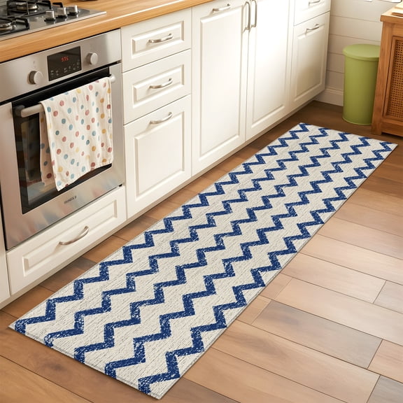 Navy Blue Zigzag Line Runner Rug Non Slip 2x6 Chevron Stripe Tribal Pattern Shabby Chic Farm Washable Rug Runner for Hallways Low Pile Kitchen Rugs Stain Resist Carpet for Bathroom Bedroom Entryway