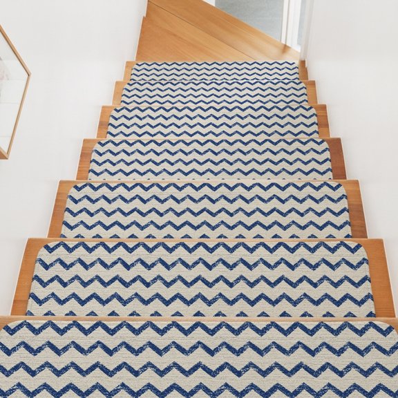 Navy Blue Zigzag Line Stair Treads Non Slip for Steps Chevron Stripe Tribal Pattern Shabby Chic Farm 4 Pcs Reusable Adhesive Stair Runner Mats for Dogs Elders Carpet Treads Rugs for Staircase 8x30 In