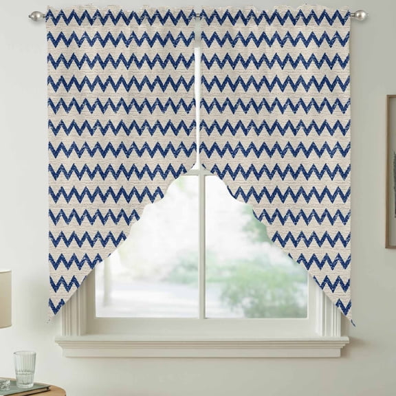 Navy Blue Zigzag Line Swag Kitchen Curtain Valances, Chevron Stripe Tribal Pattern Shabby Chic Farm Rod Pocket Curtains Window Treatment Decor Valances for Bedroom Bathroom, 2 Panels 36 x 63 Inch