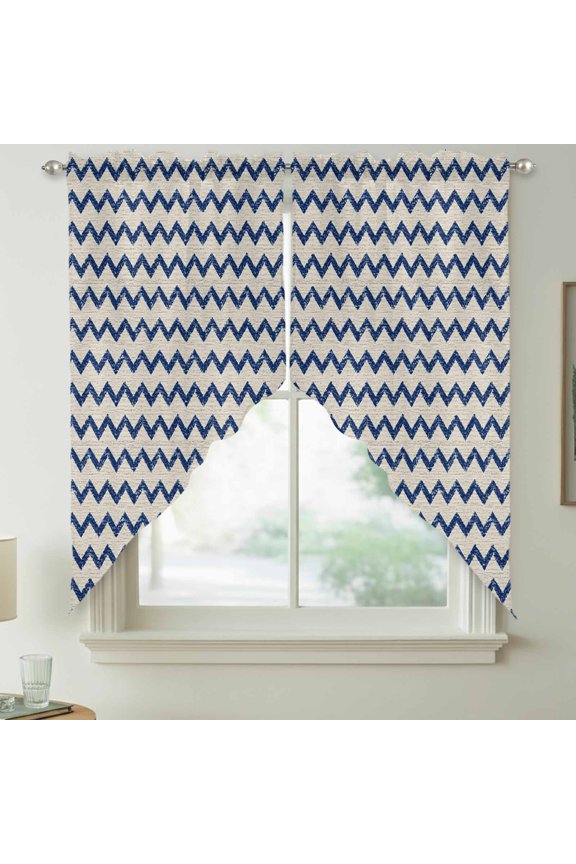 Navy Blue Zigzag Line Swag Kitchen Curtain Valances, Chevron Stripe Tribal Pattern Shabby Chic Farm Rod Pocket Curtains Window Treatment Decor Valances for Bedroom Bathroom, 2 Panels 36 x 63 Inch