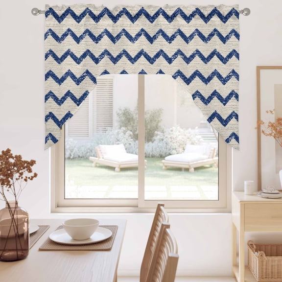 Navy Blue Zigzag Line Swag Valance for Windows, Chevron Stripe Tribal Pattern Shabby Chic Farm Swag Curtains Valances for Small Window Treatment Rod Pocket for Kitchen Bathroom 1 Panel 56x36in