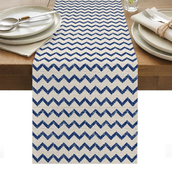 Navy Blue Zigzag Line Table Runner, Chevron Stripe Tribal Pattern Shabby Chic Farm Washable Kitchen Table Runners for Dining Table Decorations Party/Restaurant/Indoor Outdoor Use, 13x36in