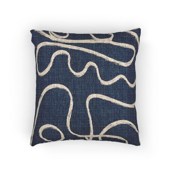 Navy Blue and Beige Looping Line Woven Pillow, Organic Squiggle Art