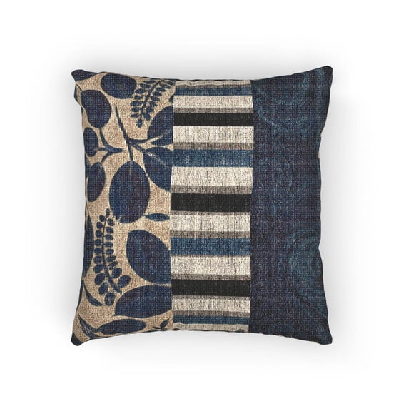 Navy Blue and Cream Botanical Patchwork Decorative Woven Pillow, Cotton-Polyester Shell, Eclectic Style