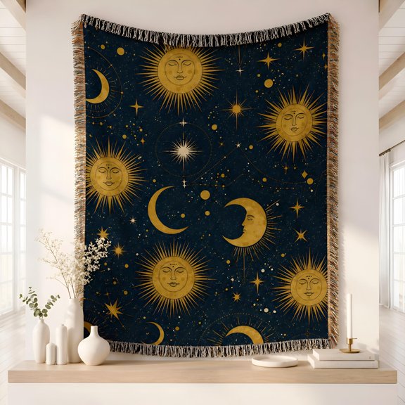 Navy Blue and Gold Celestial Sun Moon and Stars Woven Throw Blanket, 100% Cotton, Mystical Home Accent