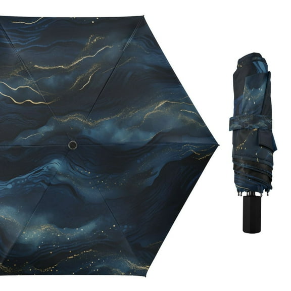 Navy Blue and Gold Marble Compact Sun Umbrella Windproof Travel Umbrellas for Rain Strong Portable UV Protection