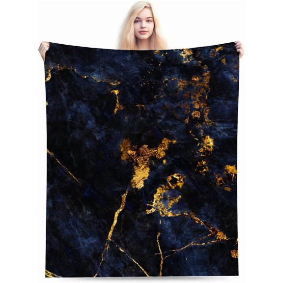 Navy Blue and Gold Marble Throw Blanket, Soft Plush Flannel Fleece with Abstract Design for Home Decor