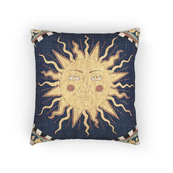 Navy Blue and Golden Yellow Celestial Sun Floral Scrollwork Woven Pillow, Cotton-Polyester Shell