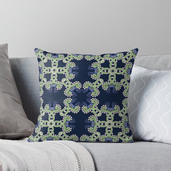 Navy Blue and Green Interlaced Vine Medallion Square Pillow Case, 100% Polyester Velvet, Ornamental Style