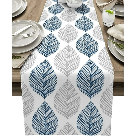 Navy Blue and Grey Leaf Texture Linen Table Runner Wedding Decortions Abstract Art Leaves Dining Table Runner Party Decor
