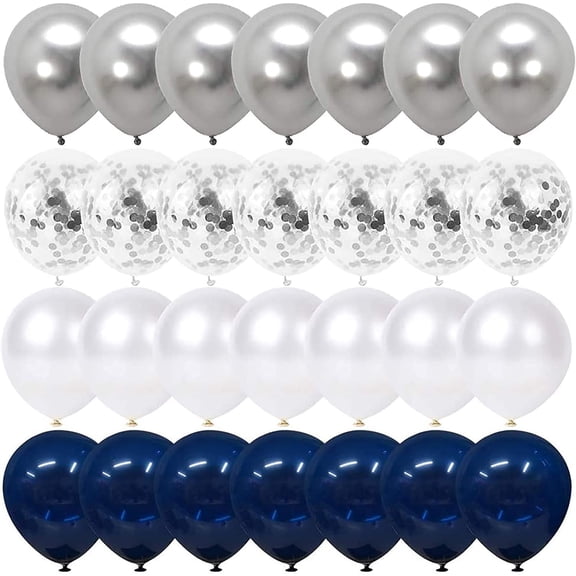 Navy Blue and Silver Confetti Balloons 50 pcs, 12 inch White Pearl and Silver Metallic Chrome Party Balloons for 2023 Graduation Party Decorations