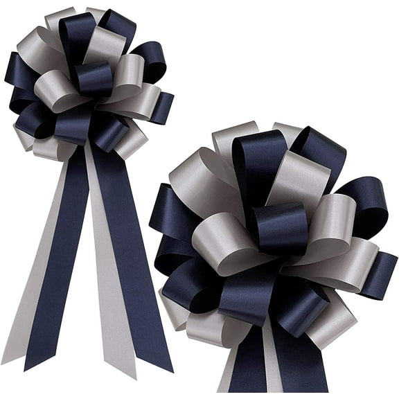 Navy Blue and Silver Pull Bows - 8" Wide, Set of 6, Wedding, Christmas, Decoration